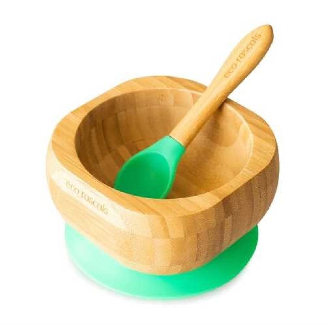Bol + Cuchara de Bambu con ventosa Eco Rascals - Verde