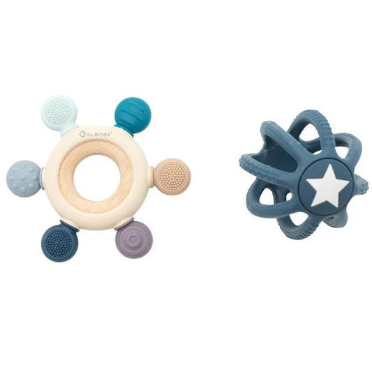Pack de 2 Mordedores Sensoriales de Silicona y Madera para Bebé – Olmitos